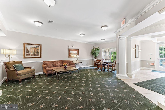 7000 Village Way Unit 408, Boothwyn, PA 19061 - carpeted living area featuring decorative columns, crown molding, and tile patterned flooring