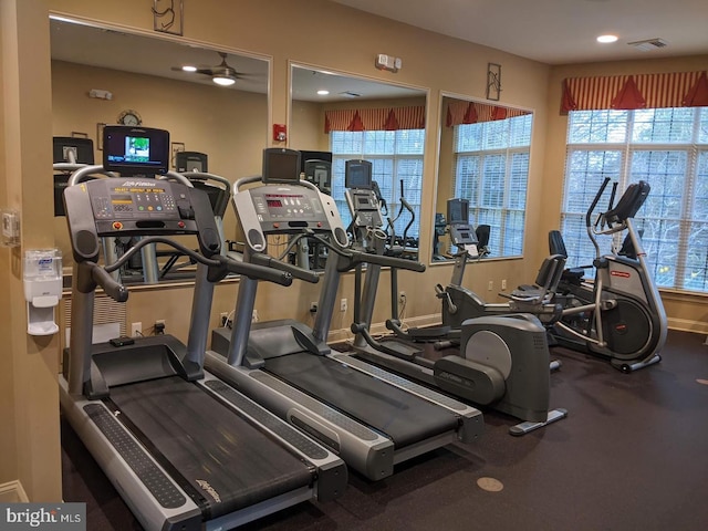 7000 Village Way Unit 408, Boothwyn, PA 19061 - exercise room with a ceiling fan and recessed lighting