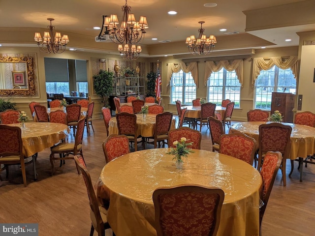 7000 Village Way Unit 408, Boothwyn, PA 19061 - dining room with a chandelier, wood finished floors, plenty of natural light, and recessed lighting