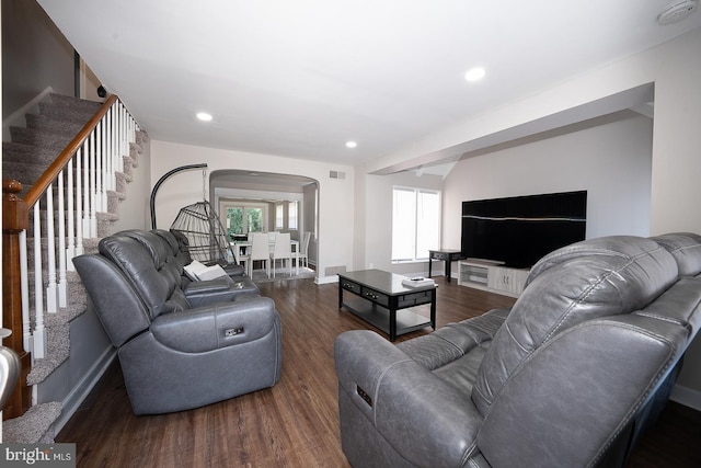 10 Holbrook Rd, Havertown, PA 19083 - living area with arched walkways, stairway, wood finished floors, and recessed lighting