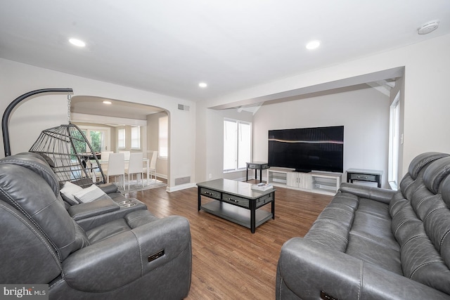 10 Holbrook Rd, Havertown, PA 19083 - living area featuring arched walkways, wood finished floors, plenty of natural light, and recessed lighting
