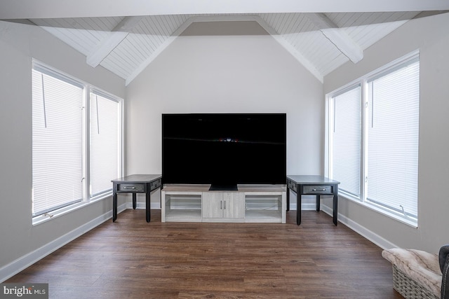 10 Holbrook Rd, Havertown, PA 19083 - living area with dark wood-style floors, high vaulted ceiling, and a wood ceiling with exposed beams
