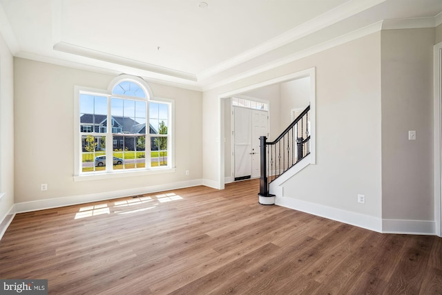 3904 Diplomat Ave, Bowie, MD 20721 - foyer featuring crown molding, wood finished floors, a tray ceiling, and stairs