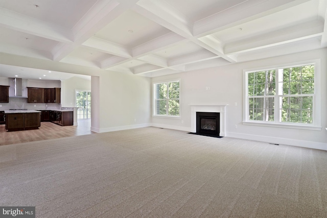 3904 Diplomat Ave, Bowie, MD 20721 - unfurnished living room featuring beam ceiling, light colored carpet, a fireplace with flush hearth, healthy amount of natural light, and coffered ceiling