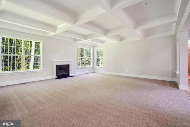 3904 Diplomat Ave, Bowie, MD 20721 - unfurnished living room with beam ceiling, carpet, a fireplace with flush hearth, and coffered ceiling