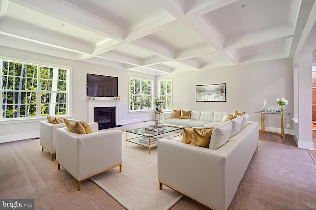 3904 Diplomat Ave, Bowie, MD 20721 - living area with beamed ceiling, a fireplace with flush hearth, light colored carpet, and coffered ceiling