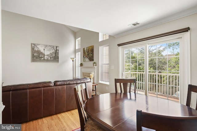 12941 Bridger Dr Unit 1611, Germantown, MD 20874 - dining area featuring light wood-type flooring, a fireplace, and vaulted ceiling