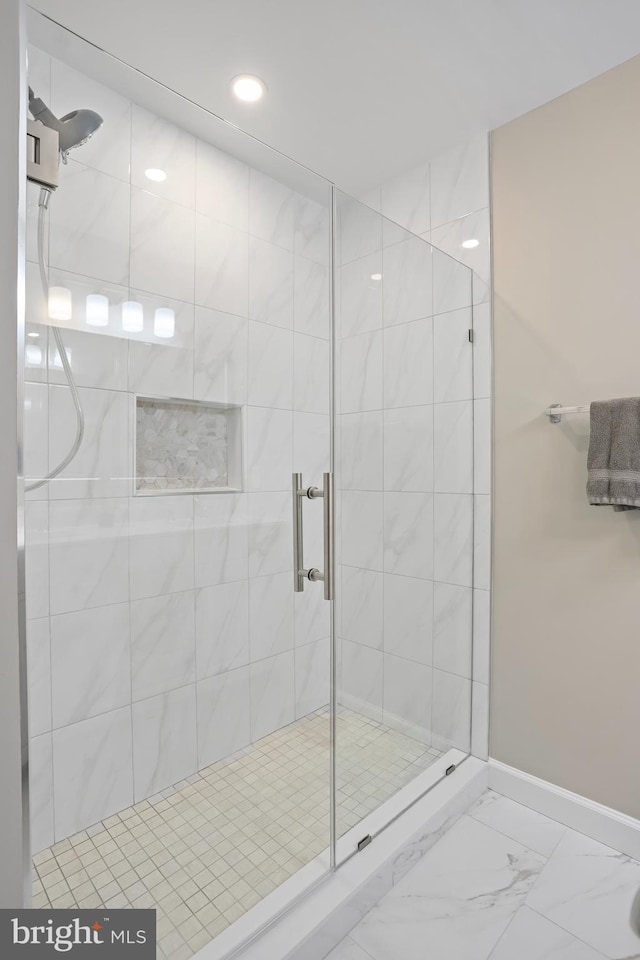 12941 Bridger Dr Unit 1611, Germantown, MD 20874 - full bathroom with a stall shower, marble finish flooring, and recessed lighting