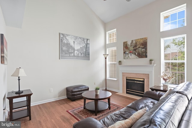 12941 Bridger Dr Unit 1611, Germantown, MD 20874 - living room featuring high vaulted ceiling, wood finished floors, a glass covered fireplace, and a ceiling fan