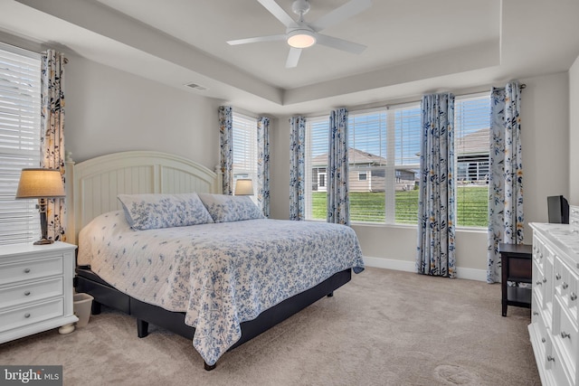 43 Boneset Dr, Gettysburg, PA 17325 - bedroom featuring light carpet, a tray ceiling, and ceiling fan