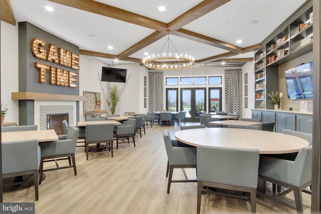 43 Boneset Dr, Gettysburg, PA 17325 - dining space with coffered ceiling, a chandelier, beam ceiling, light wood-style flooring, and recessed lighting