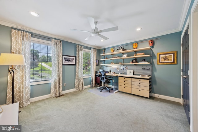 150 Waterview Dr, Glenmoore, PA 19343 - home office with crown molding, carpet flooring, ceiling fan, and recessed lighting