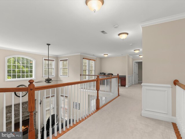6720 Walter Scott Way, Columbia, MD 21044 - corridor with crown molding, light colored carpet, and an upstairs landing