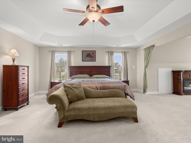 6720 Walter Scott Way, Columbia, MD 21044 - bedroom featuring a raised ceiling, light carpet, access to outside, and ceiling fan