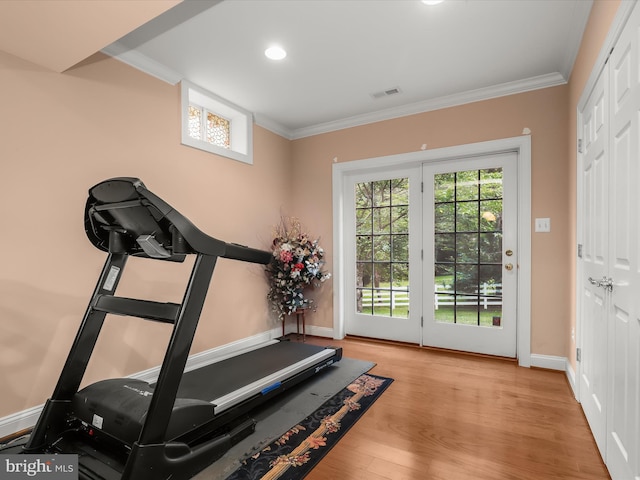 6720 Walter Scott Way, Columbia, MD 21044 - exercise area with crown molding, wood finished floors, and recessed lighting