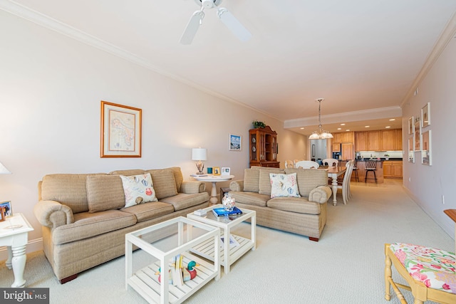 301 14th St Unit 304, Ocean City, MD 21842 - living room featuring light colored carpet, crown molding, ceiling fan, and recessed lighting