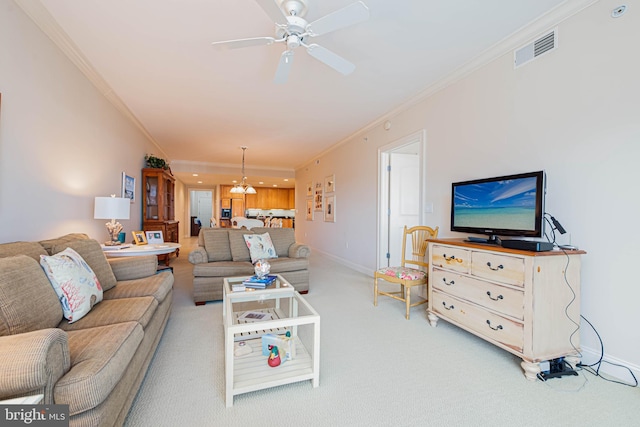 301 14th St Unit 304, Ocean City, MD 21842 - living area with crown molding, light carpet, ceiling fan, a chandelier, and recessed lighting