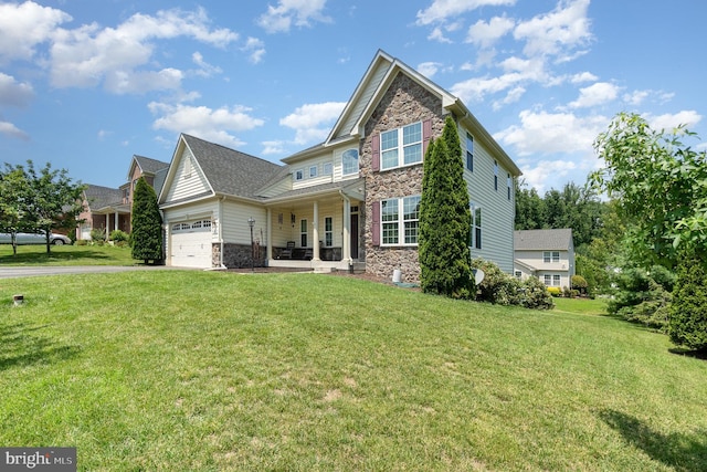 10535 Windlass Run Rd, Baltimore, MD 21220 - craftsman inspired home with stone siding, an attached garage, a front lawn, and driveway