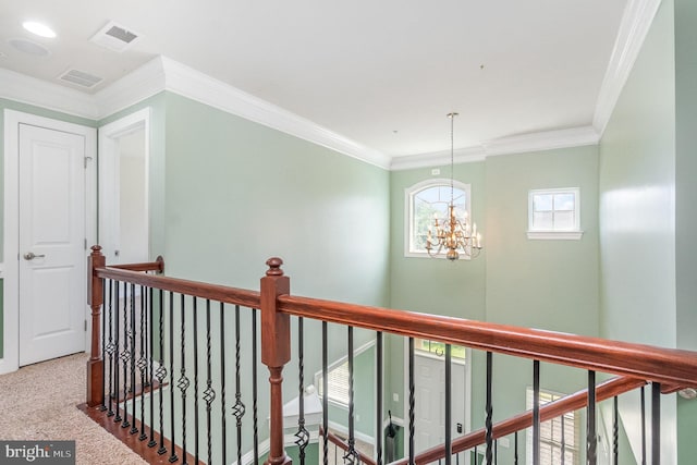 10535 Windlass Run Rd, Baltimore, MD 21220 - hallway with an upstairs landing, a chandelier, and crown molding