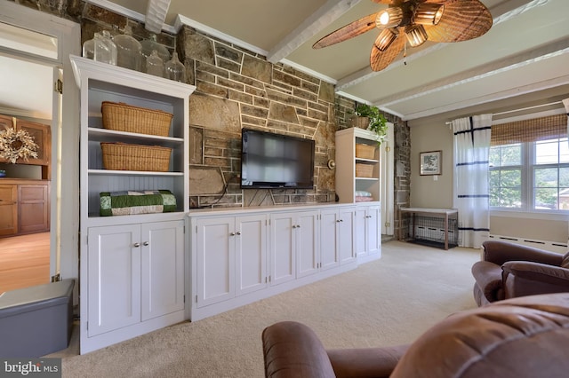 152 Main St, New Providence, PA 17560 - living area with beam ceiling, ceiling fan, carpet flooring, and ornamental molding