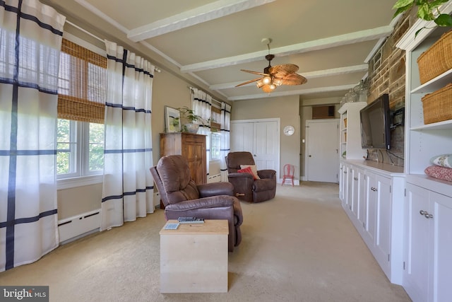 152 Main St, New Providence, PA 17560 - living area featuring ceiling fan, light colored carpet, beam ceiling, and a baseboard radiator