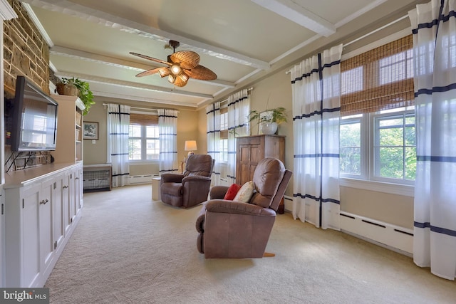 152 Main St, New Providence, PA 17560 - living room featuring light colored carpet, a ceiling fan, beam ceiling, and a baseboard heating unit