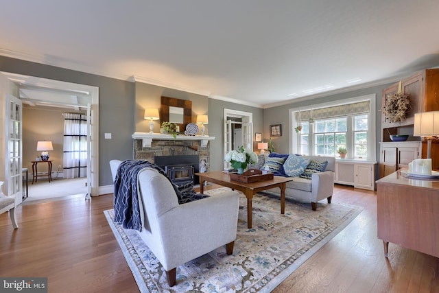 152 Main St, New Providence, PA 17560 - living room with light wood-type flooring, ornamental molding, a baseboard heating unit, a fireplace, and radiator heating unit