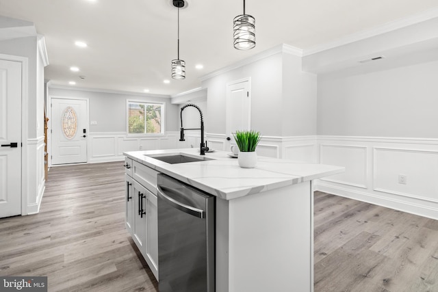 233 S Clinton St, Baltimore, MD 21224 - kitchen with stainless steel dishwasher, crown molding, light wood-type flooring, a decorative wall, and recessed lighting