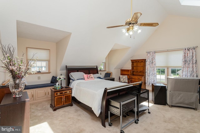 421 Dart Dr, Hanover, PA 17331 - bedroom featuring light carpet, multiple windows, high vaulted ceiling, and ceiling fan