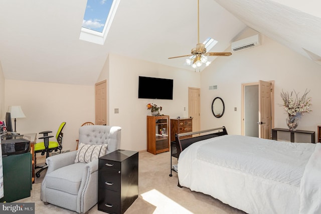 421 Dart Dr, Hanover, PA 17331 - bedroom featuring an AC wall unit, a skylight, light carpet, high vaulted ceiling, and ceiling fan