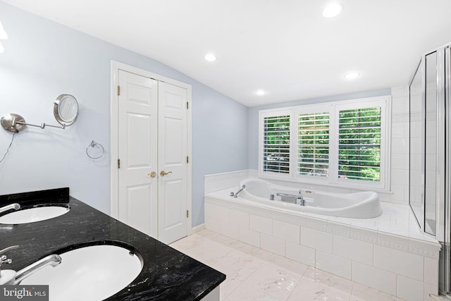 14 Birchall Dr, Haddonfield, NJ 08033 - bathroom with a bath, recessed lighting, double vanity, a closet, and lofted ceiling