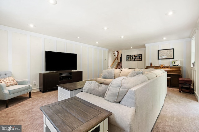 14 Birchall Dr, Haddonfield, NJ 08033 - living room with light colored carpet, stairway, a decorative wall, and recessed lighting
