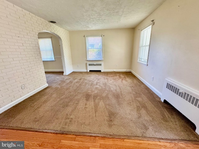 3913 Loch Raven Blvd, Baltimore, MD 21218 - carpeted spare room with radiator heating unit, a textured ceiling, arched walkways, healthy amount of natural light, and brick wall
