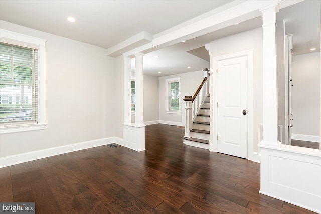 5 Madison St, Princeton, NJ 08542 - unfurnished room featuring ornate columns, hardwood / wood-style floors, stairway, and recessed lighting
