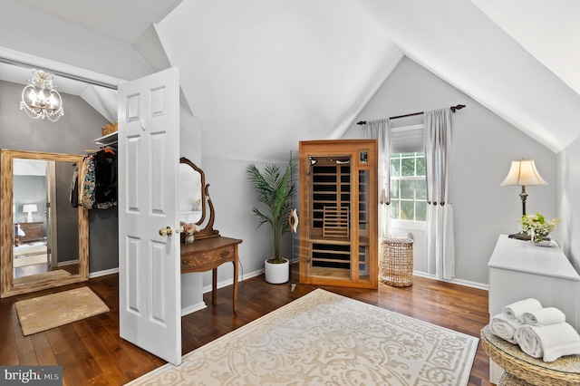 75 Bittersweet Dr, Doylestown, PA 18901 - bedroom featuring lofted ceiling, hardwood / wood-style floors, and a chandelier