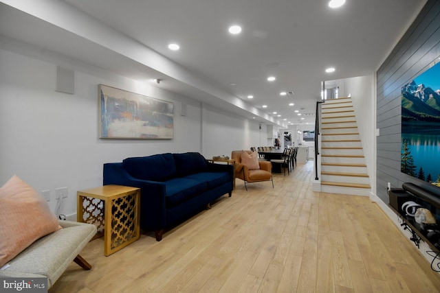 1427 K St SE, Washington, DC 20003 - living area featuring stairs, light wood-style flooring, and recessed lighting
