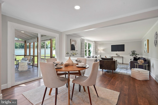 7728 Barnstable Pl, Rockville, MD 20855 - dining space featuring wood-type flooring, crown molding, and recessed lighting