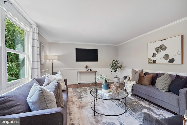 7728 Barnstable Pl, Rockville, MD 20855 - living area featuring wood finished floors, ornamental molding, and a wainscoted wall