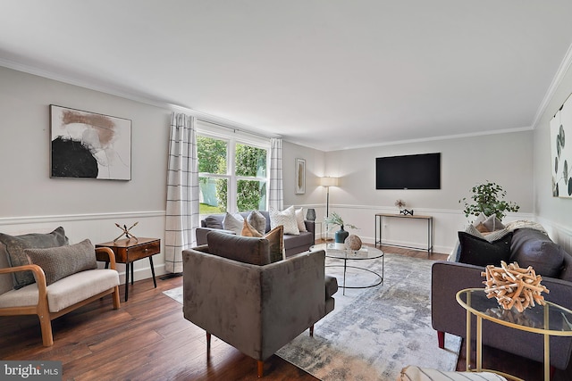 7728 Barnstable Pl, Rockville, MD 20855 - living room with crown molding, wood finished floors, and wainscoting