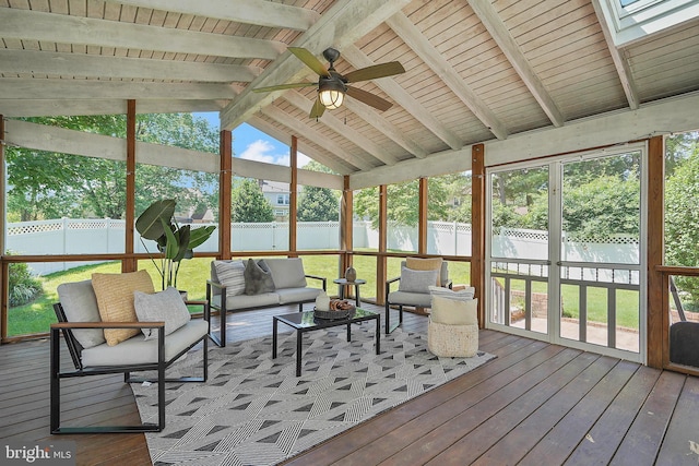 7728 Barnstable Pl, Rockville, MD 20855 - sunroom / solarium with outdoor lounge area, ceiling fan, a skylight, and healthy amount of natural light