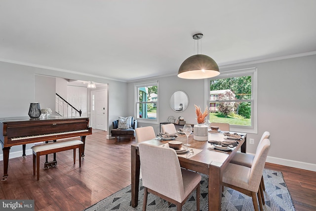 7728 Barnstable Pl, Rockville, MD 20855 - dining room featuring stairway, crown molding, and wood finished floors