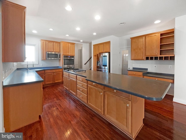 12054 Greatbridge Rd, Woodbridge, VA 22192 - kitchen with stainless steel appliances, dark countertops, a kitchen island, open shelves, and recessed lighting
