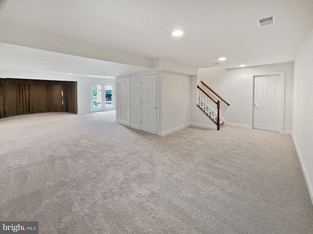 12054 Greatbridge Rd, Woodbridge, VA 22192 - below grade area featuring stairs, carpet floors, and recessed lighting