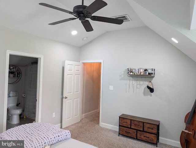 700 S Belleview Ave, Cinnaminson, NJ 08077 - carpeted bedroom featuring vaulted ceiling, ensuite bath, and ceiling fan