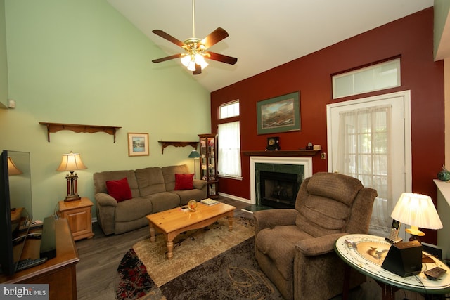 9 Stirrup Way, Burlington, NJ 08016 - living room with a tile fireplace, wood finished floors, high vaulted ceiling, and a ceiling fan