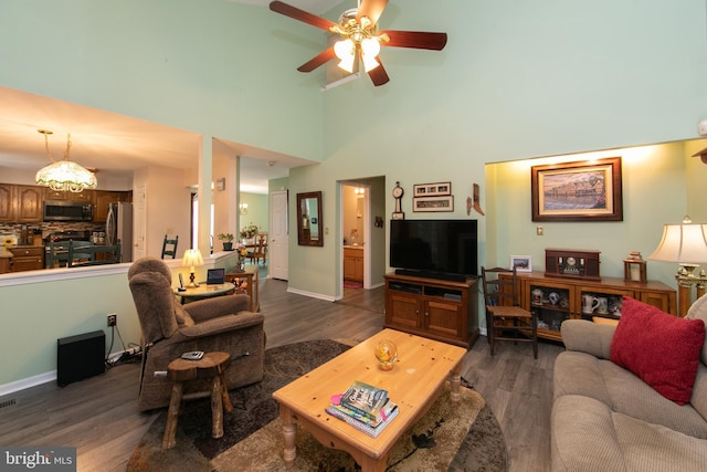 9 Stirrup Way, Burlington, NJ 08016 - living room featuring a high ceiling, dark wood-type flooring, and ceiling fan