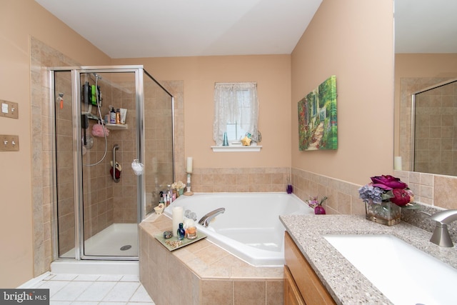 9 Stirrup Way, Burlington, NJ 08016 - bathroom featuring vanity, a bath, a shower stall, and tile patterned flooring