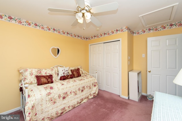 9 Stirrup Way, Burlington, NJ 08016 - bedroom with a closet, dark colored carpet, attic access, and a ceiling fan