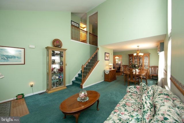 9 Stirrup Way, Burlington, NJ 08016 - carpeted living room with a chandelier, stairway, and a high ceiling