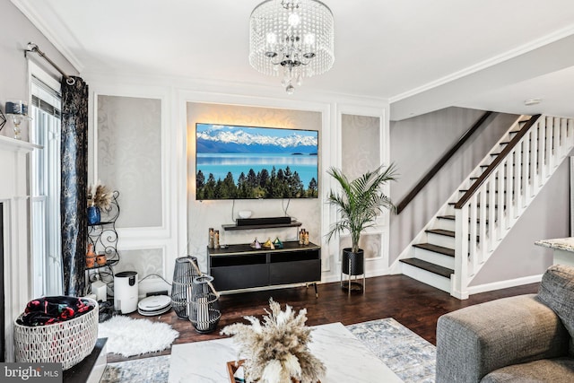 116 Lake Arrowhead Cir, Bear, DE 19701 - living room with stairs, wood finished floors, a chandelier, and crown molding